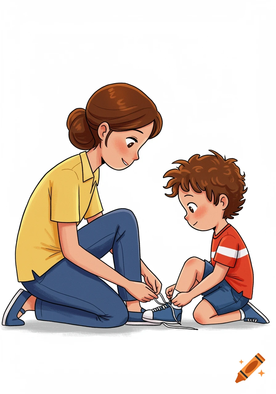 Cartoon illustration of a woman helping a young boy tie his shoes.