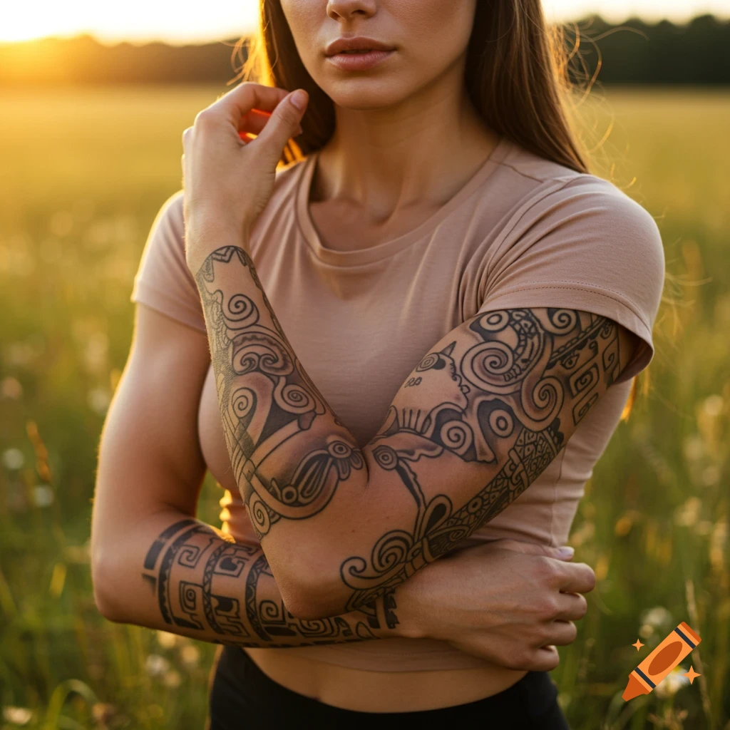 Close-up of a woman with full sleeve intricate black tattoos, posing with crossed arms in a golden-lit field at sunset.