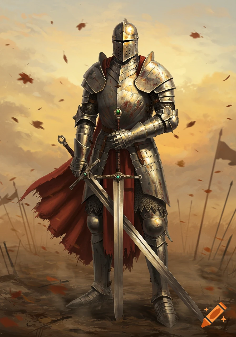A knight in full plate armor stands holding two swords in a battle-scarred field at sunset, digital painting style.