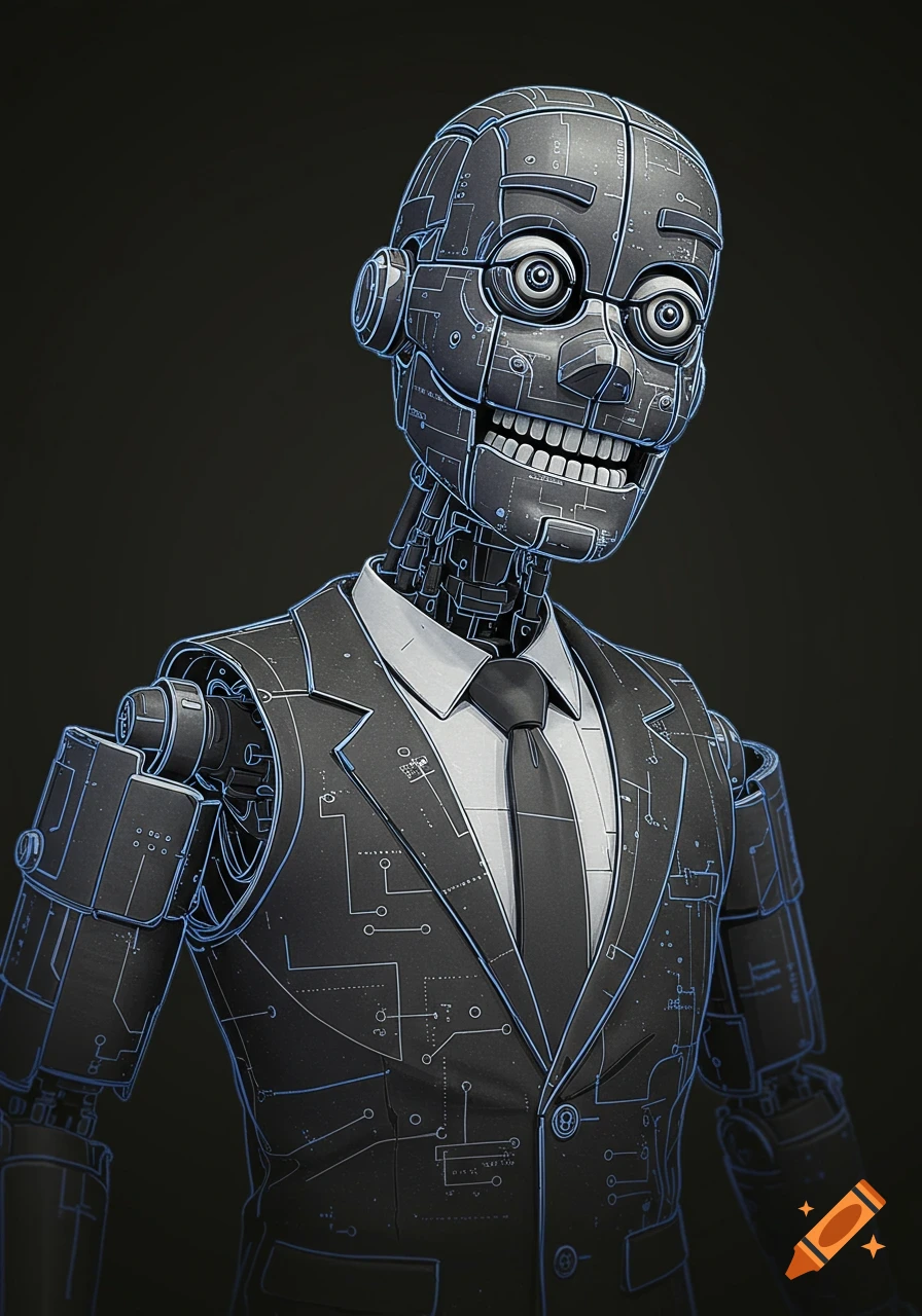 An animatronic robot in a business suit, designed in a blueprint style with circuit lines, against a dark background.