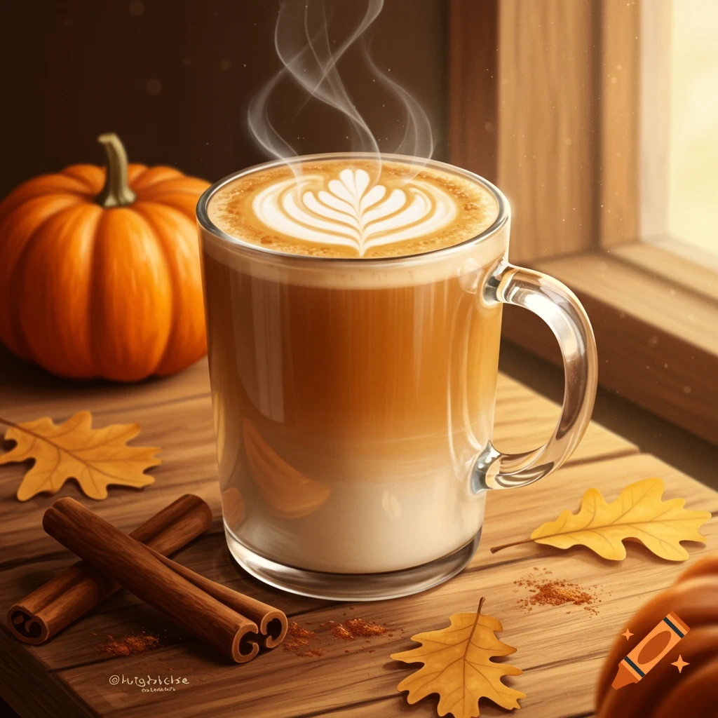 A steaming pumpkin spice latte with latte art on a wooden table with fall leaves, cinnamon sticks, and pumpkins by a window.