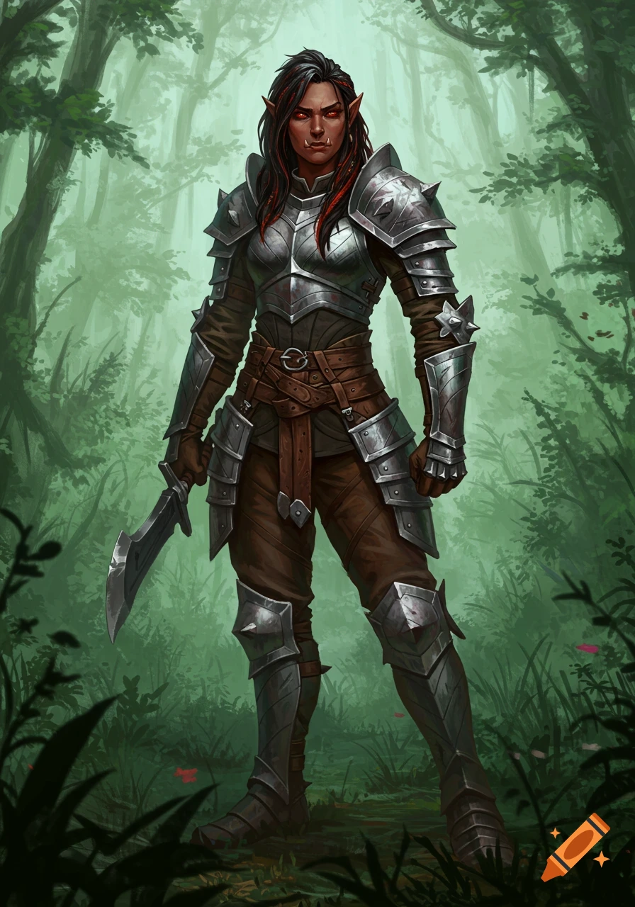 A female half-orc fighter in silver armor stands in a forest, holding a dagger. She has dark hair with red highlights and red eyes.