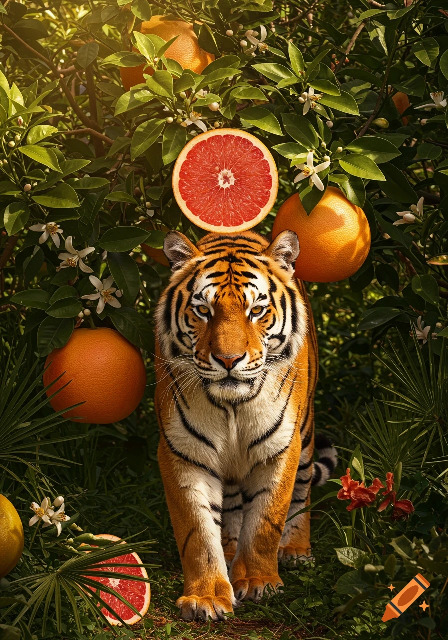 A photorealistic image of a tiger standing amidst lush green foliage with oranges and sliced grapefruit.