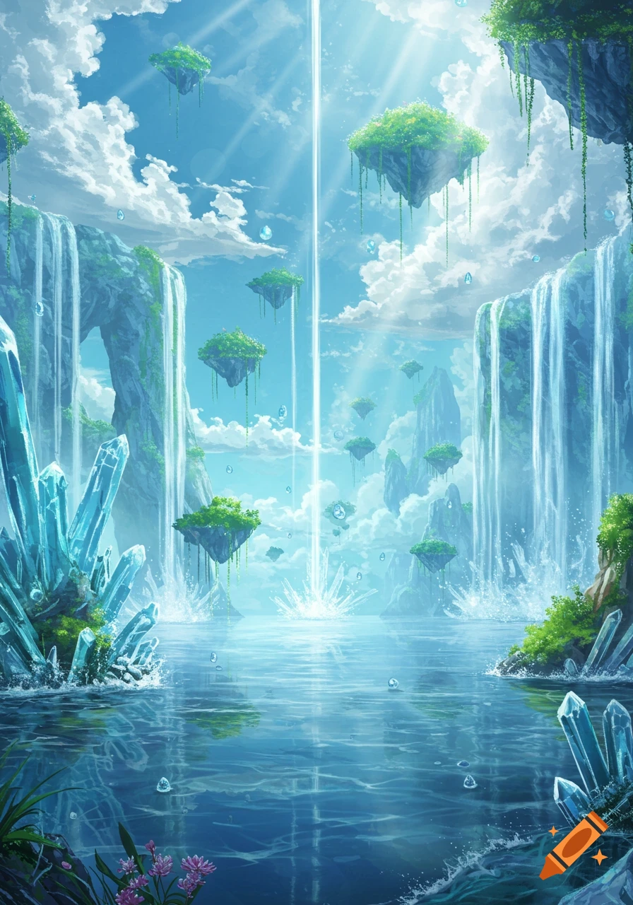 A vibrant fantasy landscape with floating islands, cascading waterfalls, glowing crystals, and a bright light beam over a serene lake.