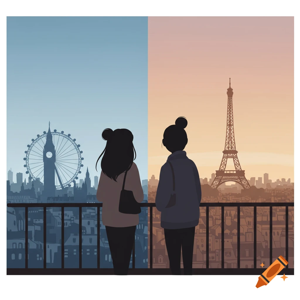 A simplistic illustration of two people, seen from behind, looking at the London skyline on the left and the Paris skyline on the right.