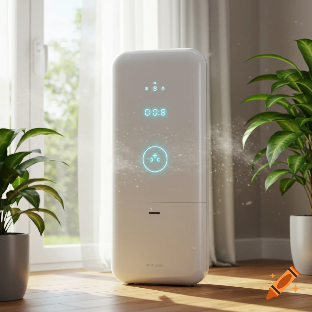 Modern white air purifier emitting mist, with a glowing digital display, in a sunlit room with green plants.