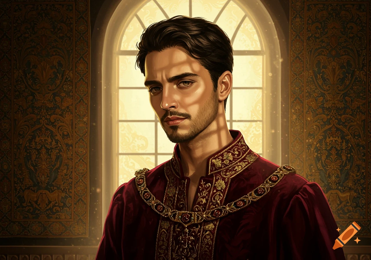 Digital painting of a man with dark hair and a beard, wearing regal red and gold attire, standing before an arched window.