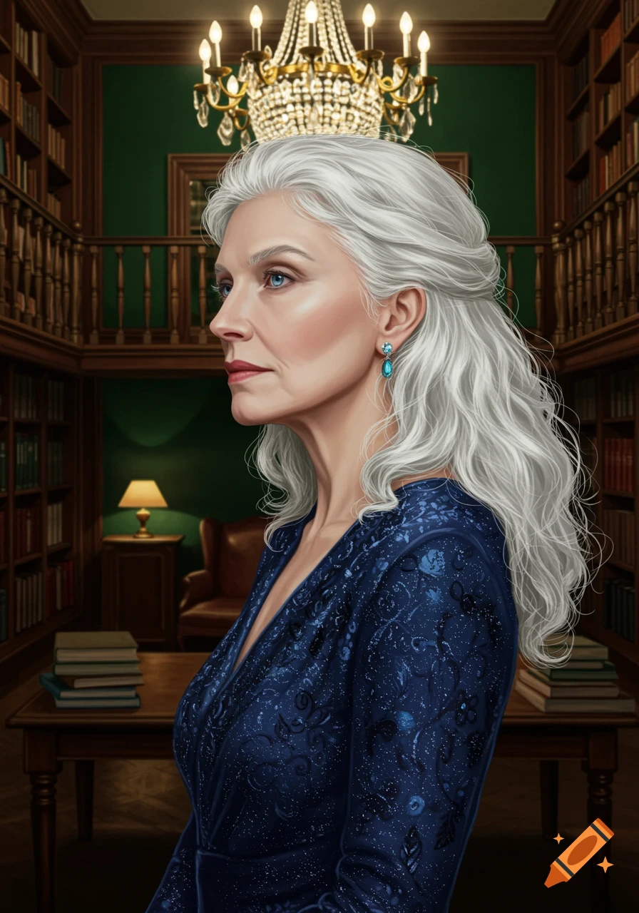 Profile of a mature woman with white wavy hair and blue eyes, wearing a dark blue patterned dress, in a grand library.