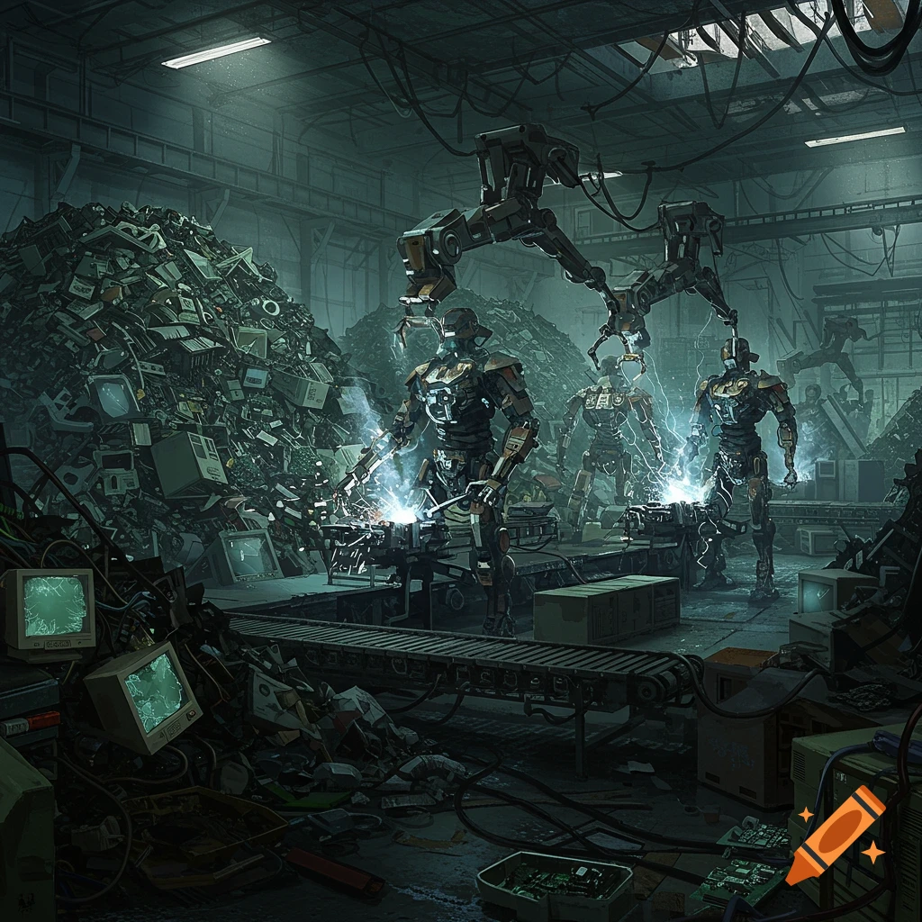 Robotic soldiers assembled from junk in a dimly lit, cluttered factory with welding sparks flying, in a detailed sci-fi style.