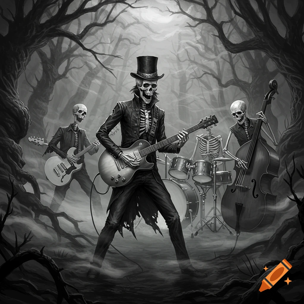 Black and white gothic illustration of a skeleton band playing guitars, drums, and a double bass in a dark, misty forest under a full moon.