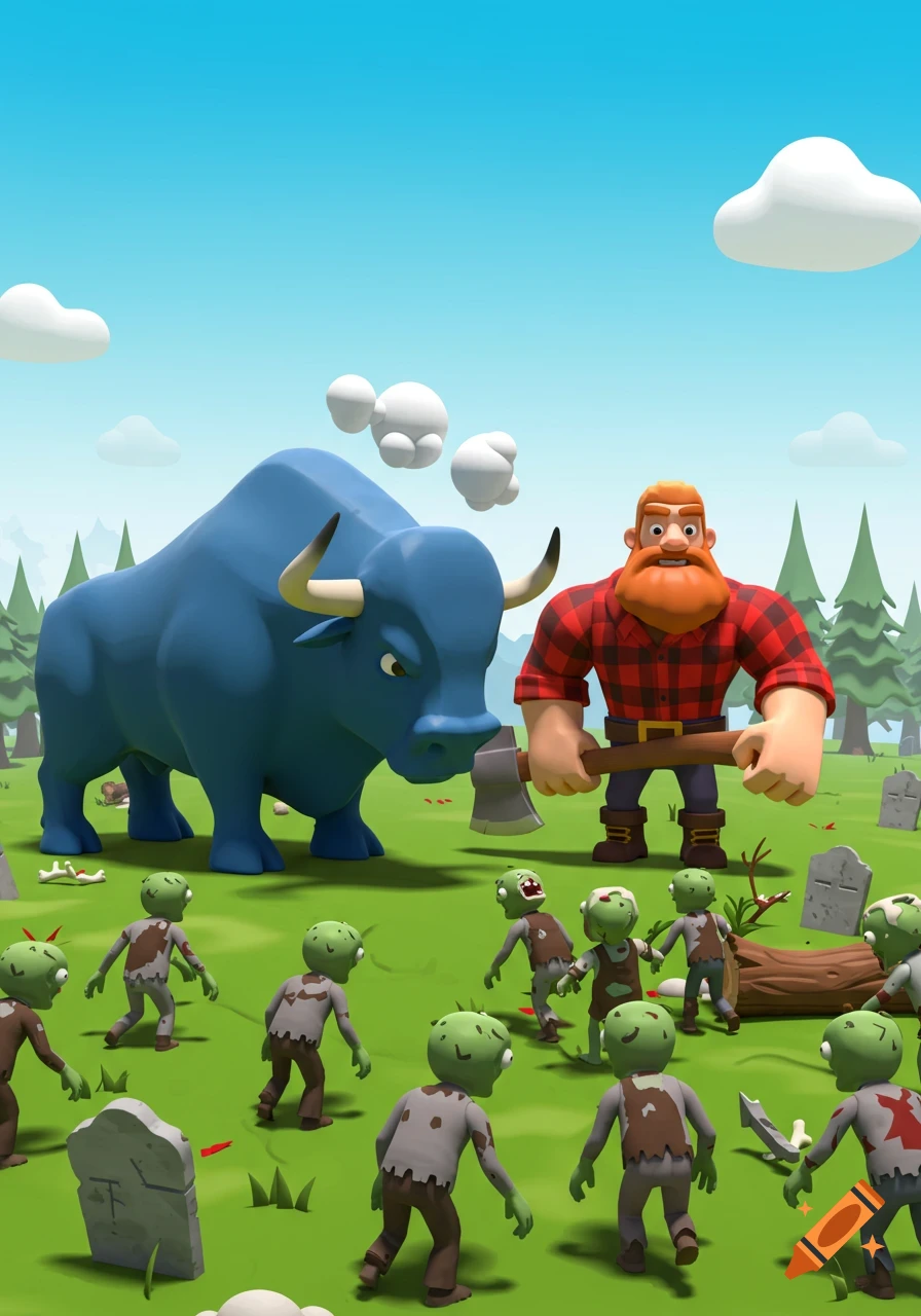 A cartoon lumberjack and a giant blue ox confront an army of small zombies in a grassy, forested area with tombstones.