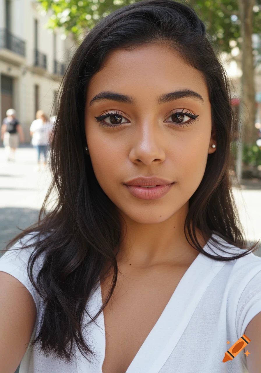 Close-up photorealistic selfie of a young Hispanic woman with dark hair looking at the camera outdoors on a sunny day.