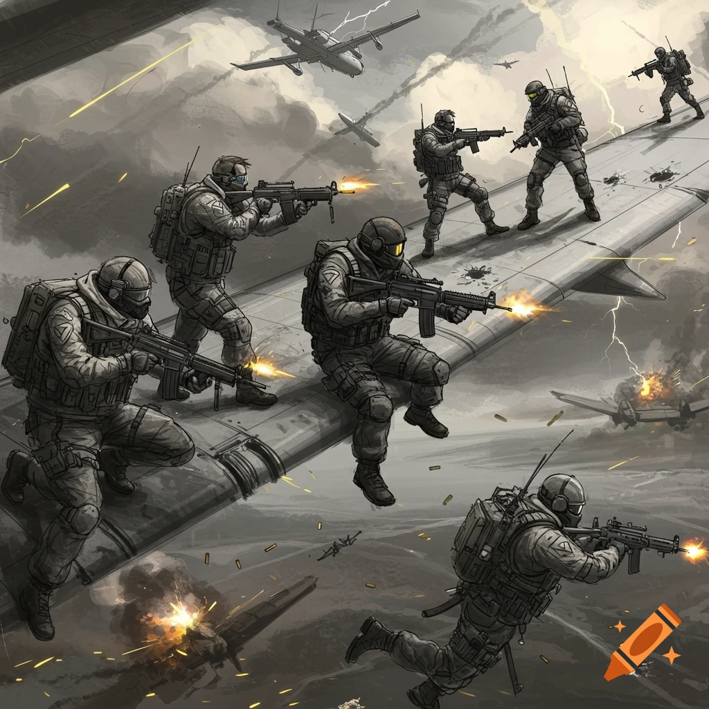 Stylized illustration of soldiers fighting on the wing of a falling cargo plane amidst explosions and lightning in a stormy sky.