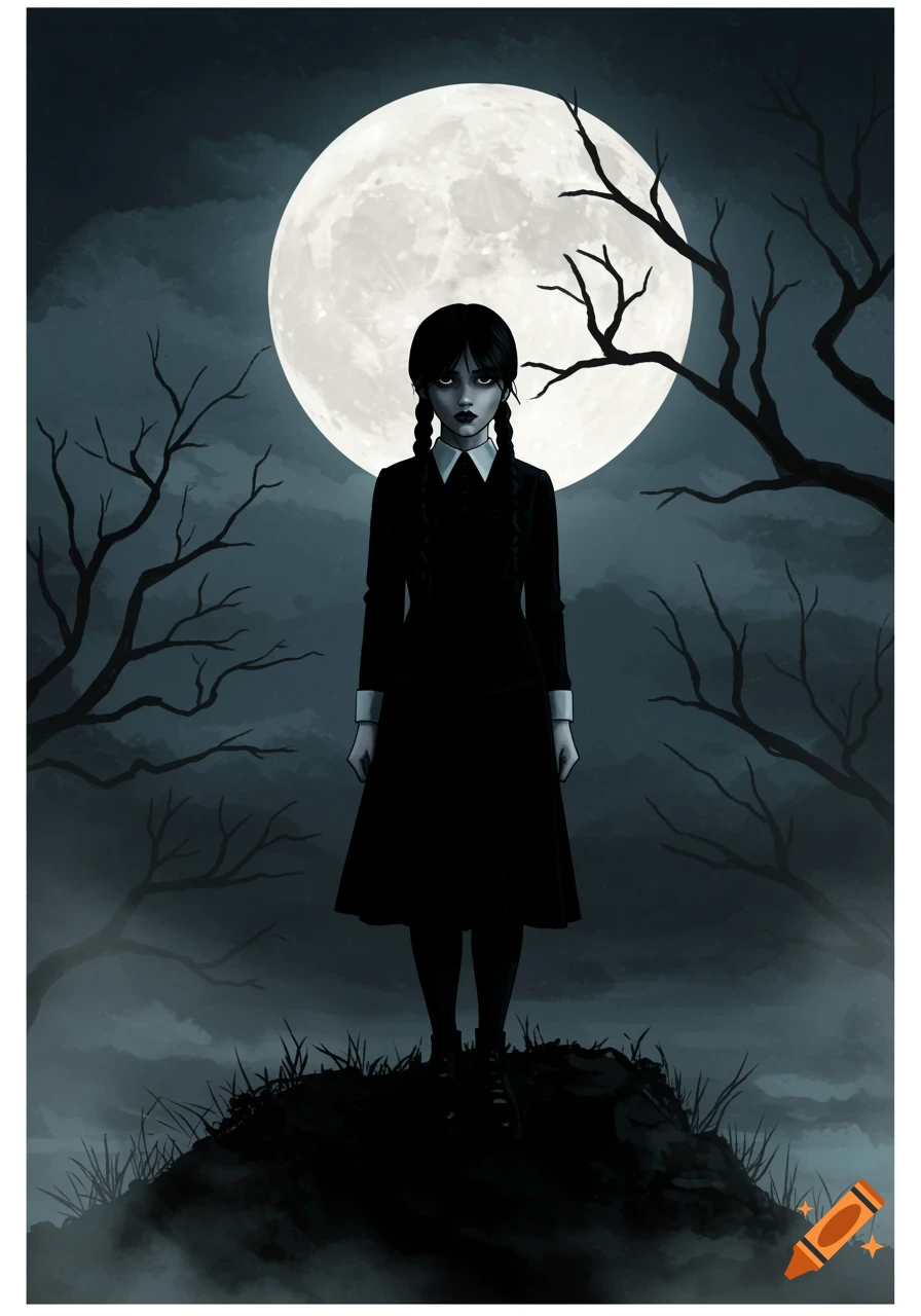 Illustration of Wednesday Addams standing on a hill under a large full moon, surrounded by bare trees and mist.