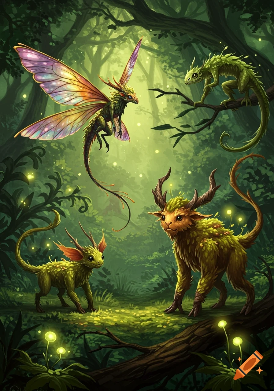 Whimsical fantasy creatures, including a winged dragon-like creature, mossy deer-like beings, and a lizard, in a lush magical forest.
