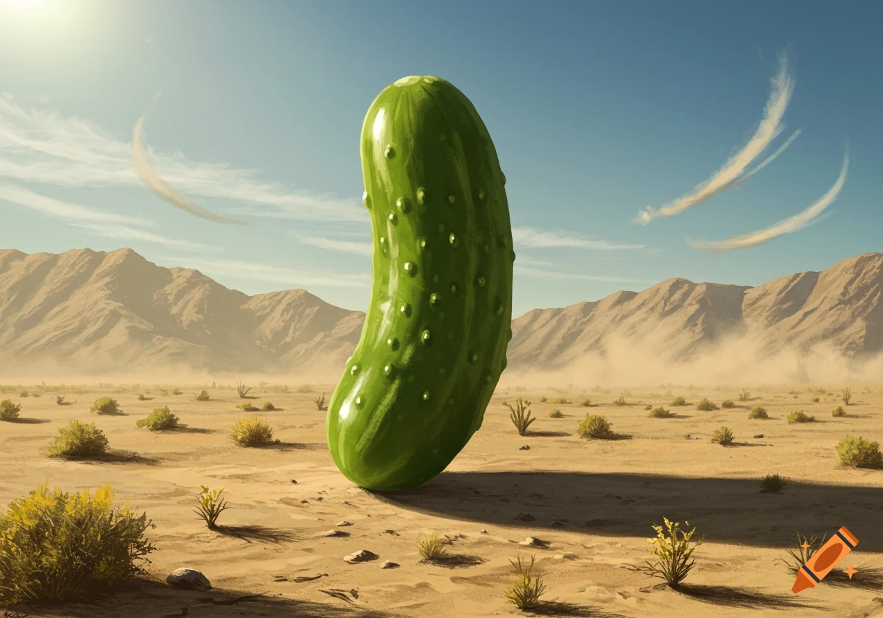A large, green bumpy pickle stands vertically in a vast, sunny desert with distant mountains under a blue sky.