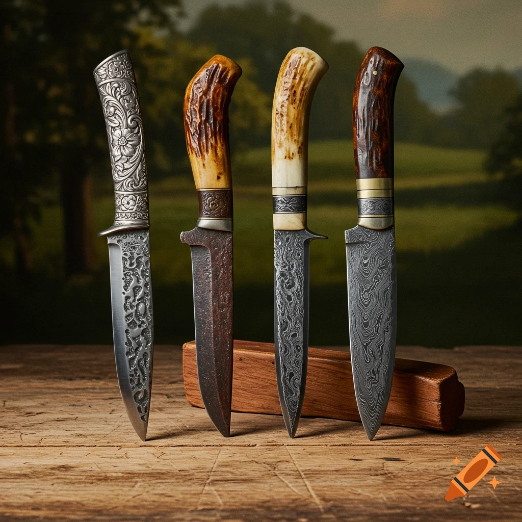 Four ornate knives with decorative handles and patterned blades stand on a wooden surface.