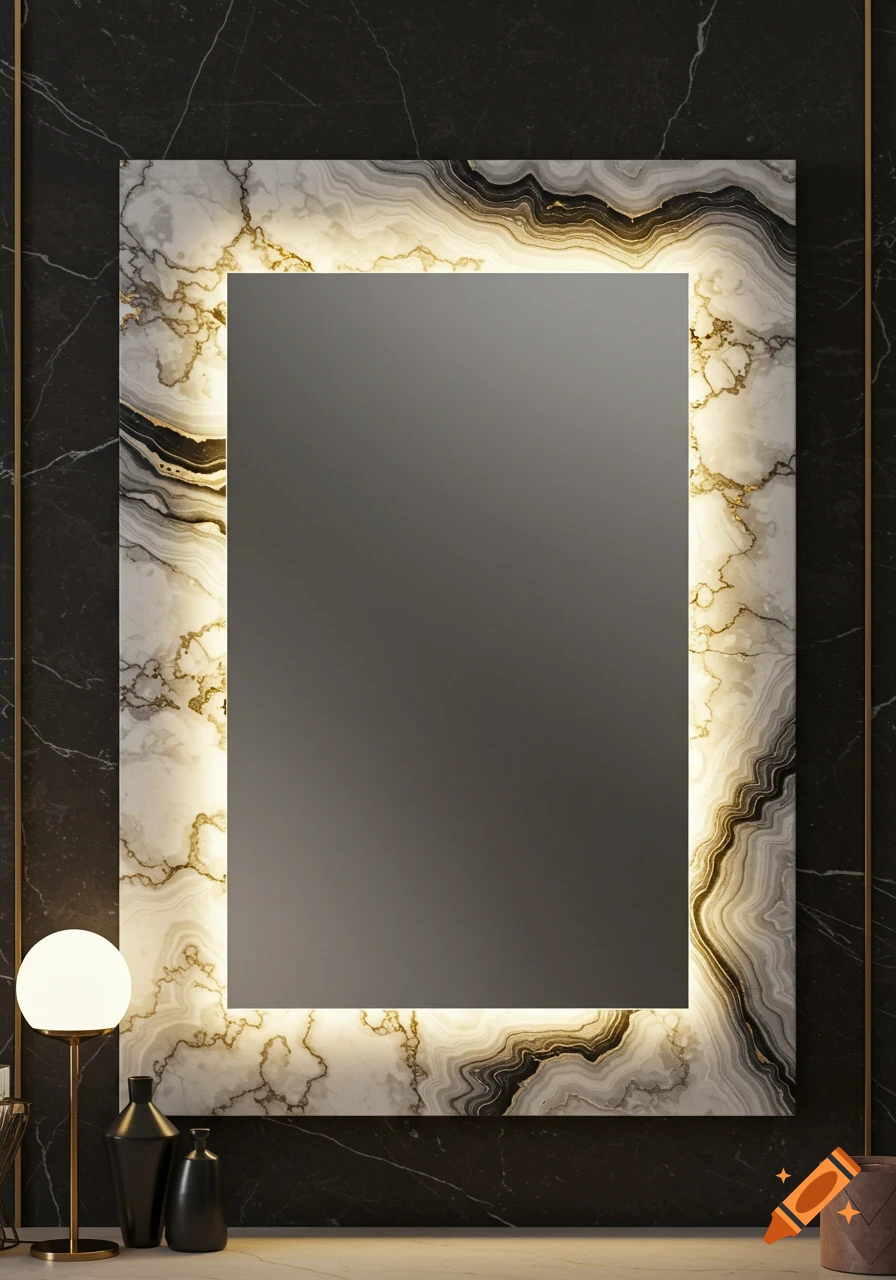 A large rectangular decorative mirror with a backlit marble frame featuring gold veins, set against a dark marble wall with a modern lamp and vases.