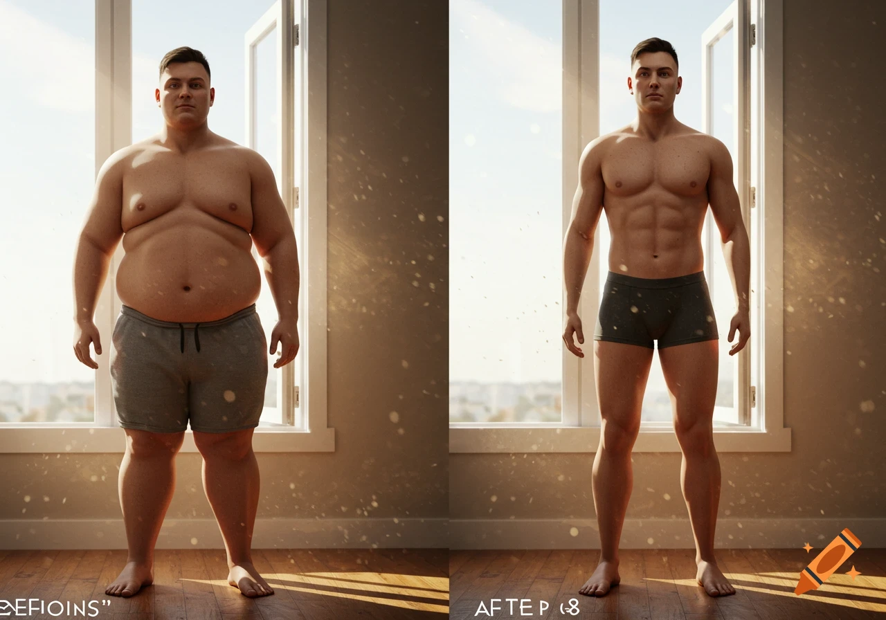 Photorealistic before-and-after comparison of a man, from overweight to muscular, standing in front of a sunlit window.