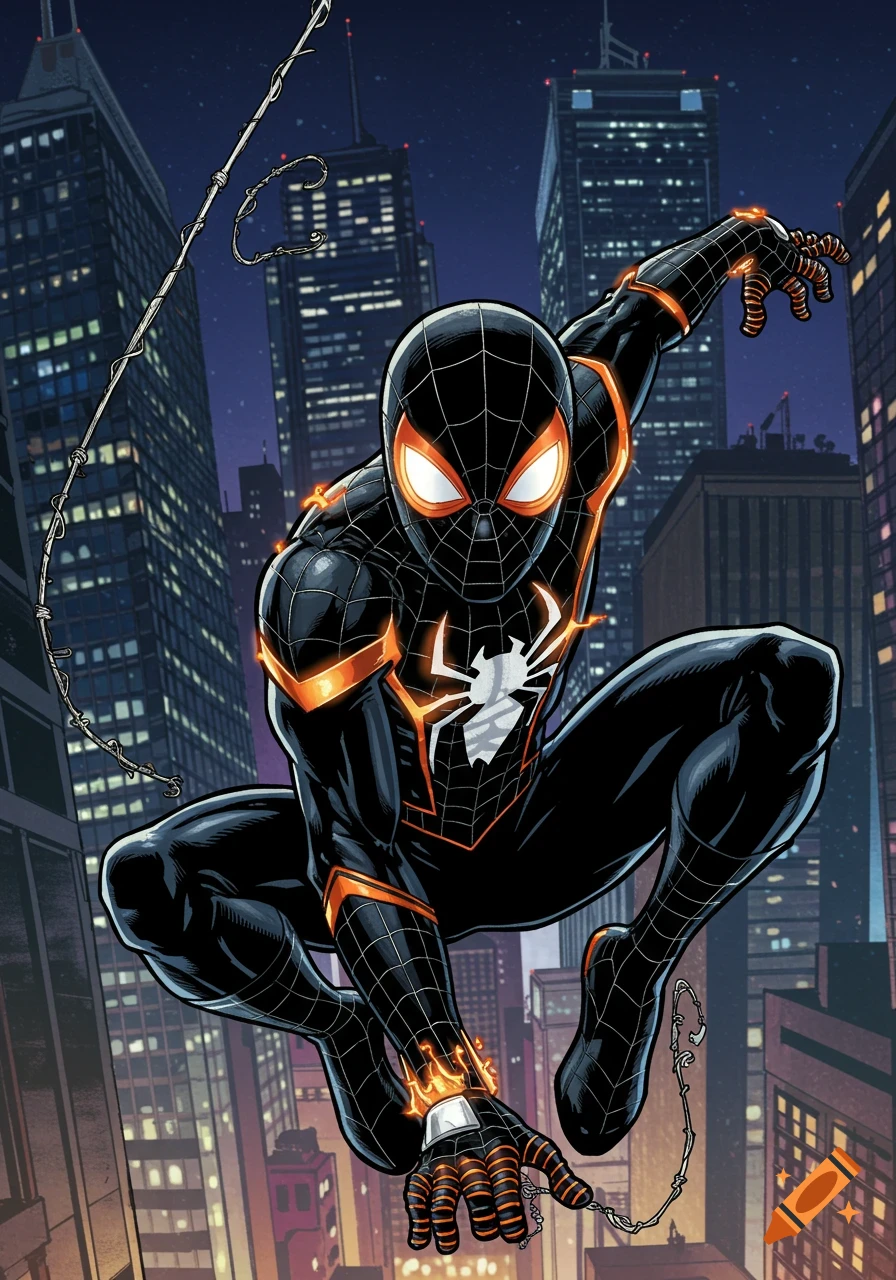 Spider-Man in a black suit with glowing orange and white accents swings through a city at night in comic book style.
