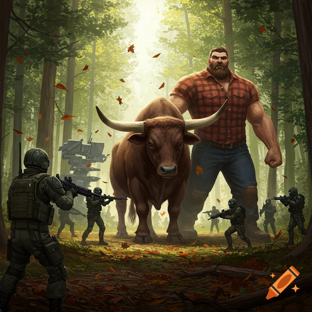 A giant bearded lumberjack and a large bull stand against armed soldiers and futuristic machinery in a forest, stylized illustration.