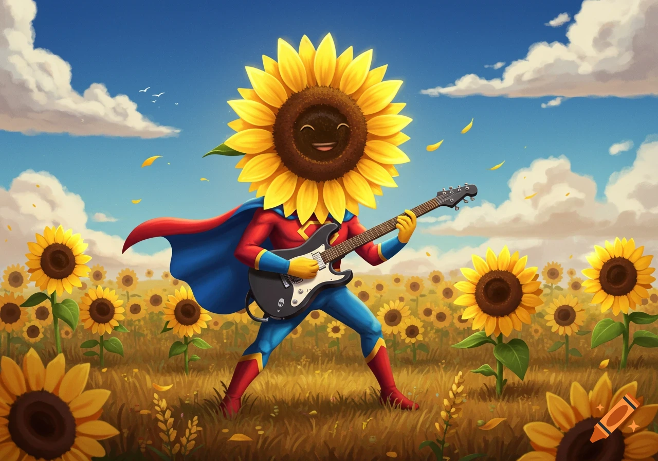 A whimsical illustration of a superhero sunflower playing an electric guitar in a sunny field of sunflowers.