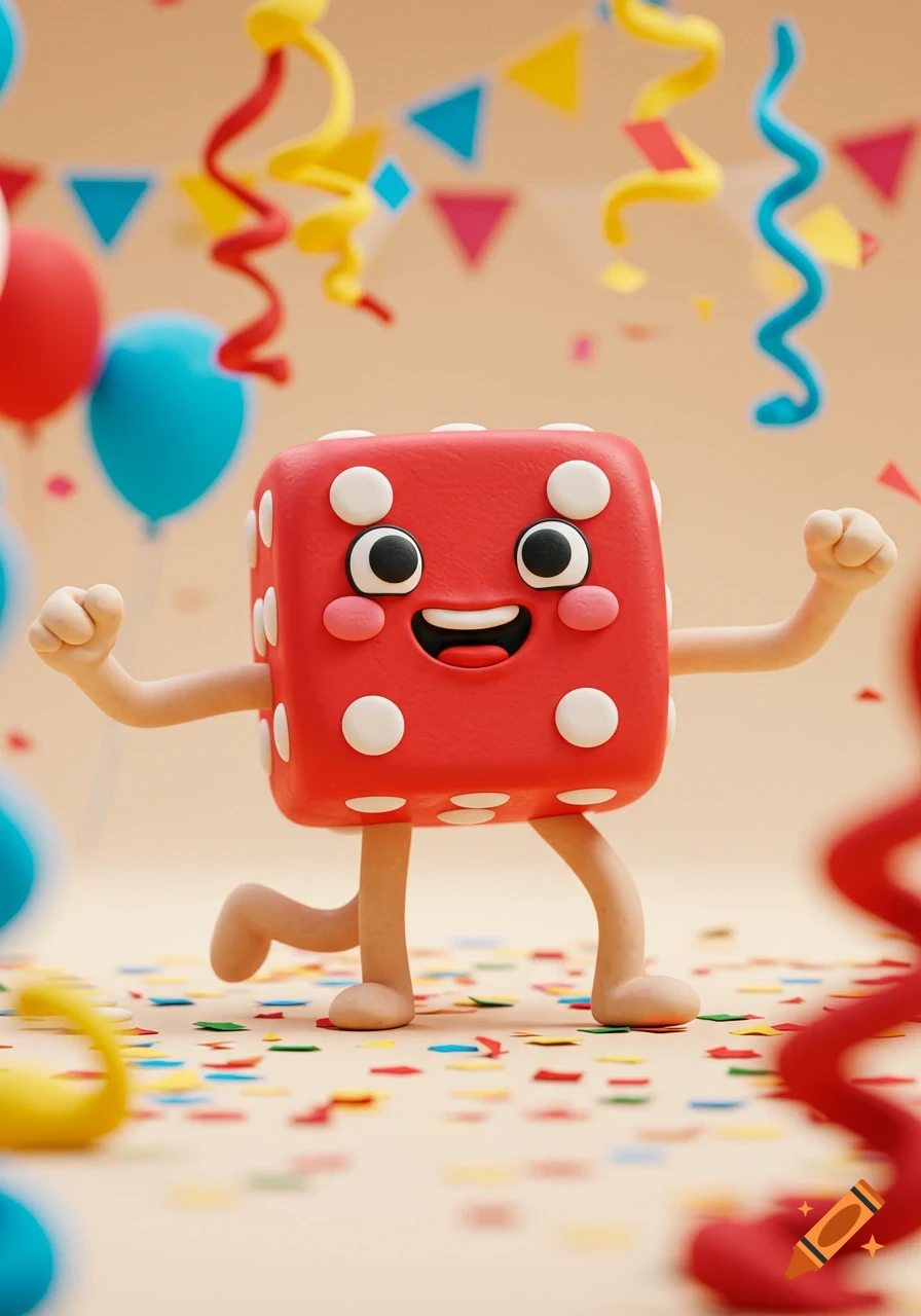 A red cartoon dice character with a smiling face, arms, and legs dances excitedly amidst colorful confetti, balloons, and streamers.