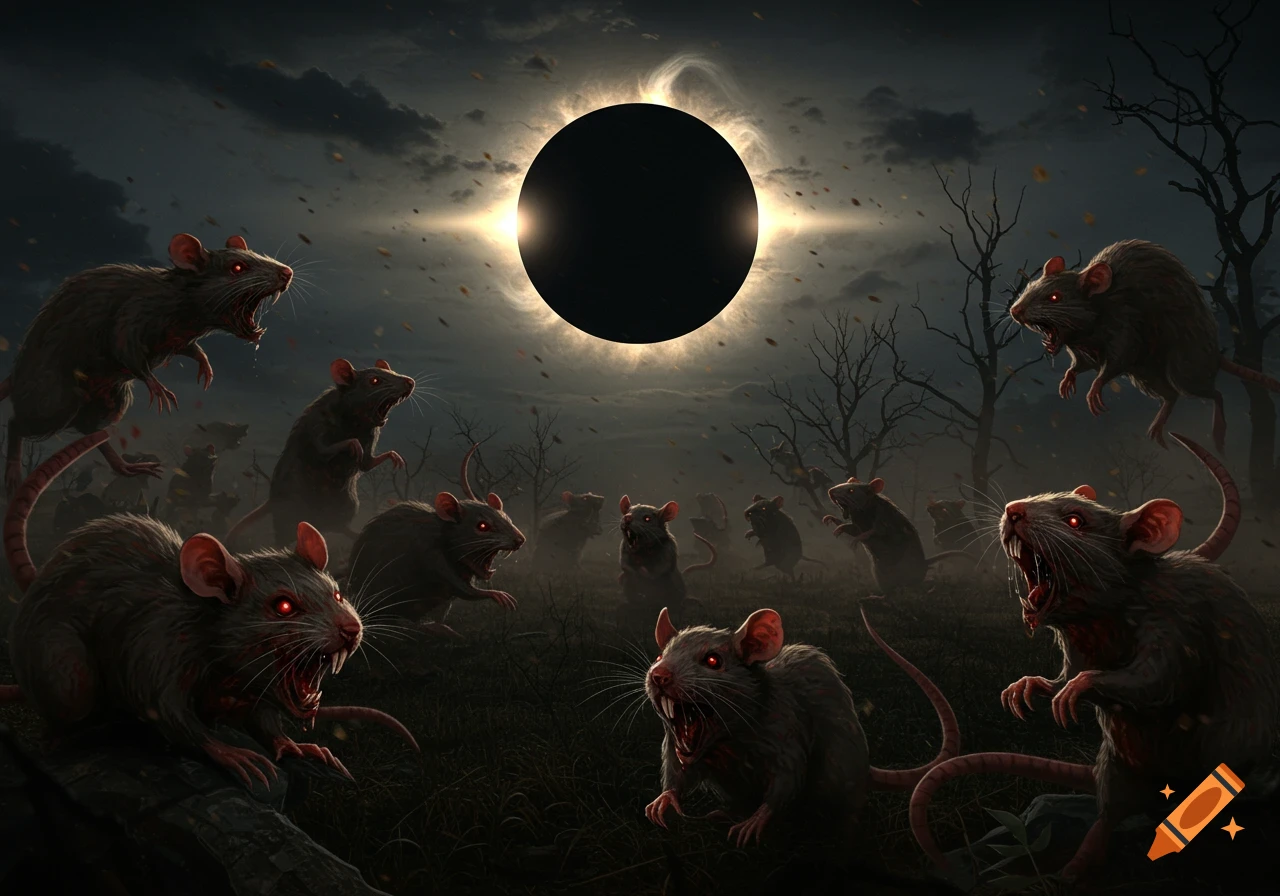 A terrifying swarm of rabid rats with glowing red eyes snarls under a dark, cloudy sky with a solar eclipse and gnarled trees.