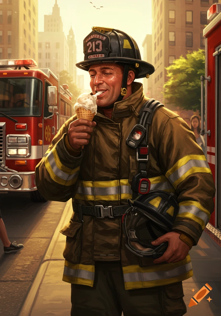 Smiling firefighter in uniform eating an ice cream cone on a city street with a fire truck and buildings in the background, digital art.