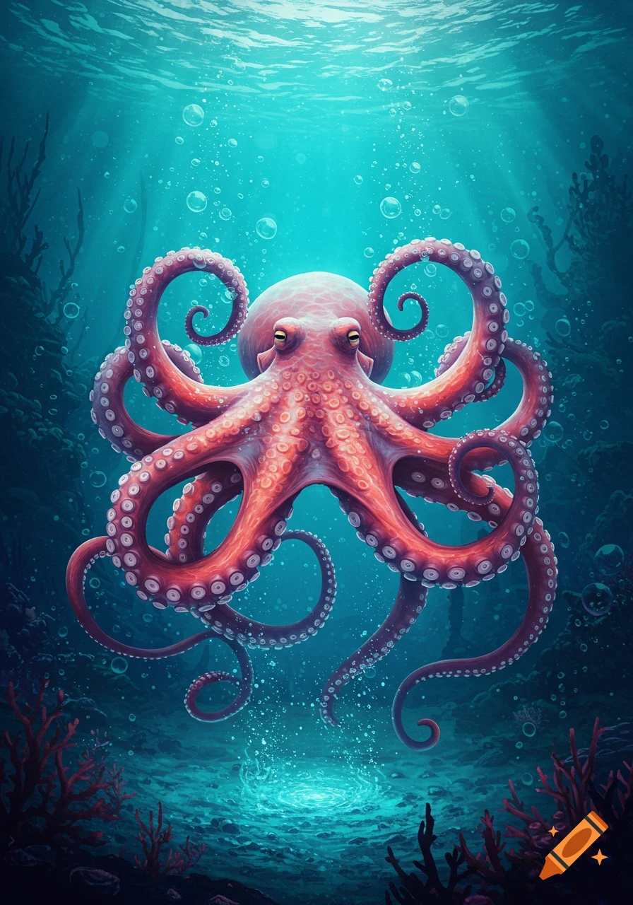 Vibrant red octopus swimming deep underwater with light filtering from above and corals below.