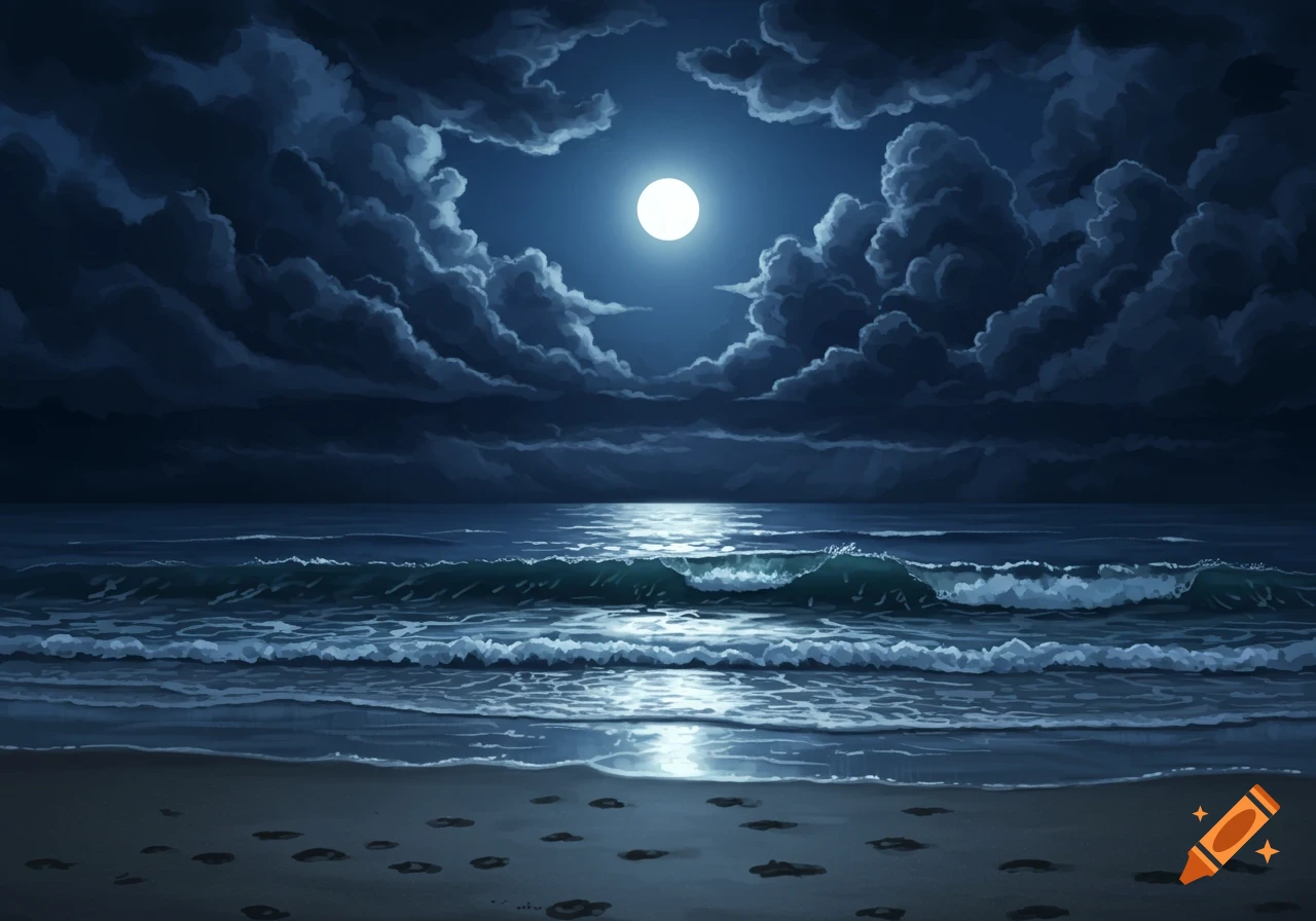 Painterly scene of a moonlit beach with dark clouds, ocean waves, and footprints in the sand.