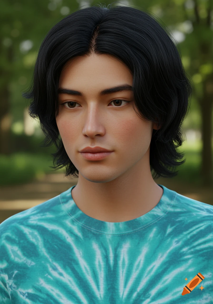 Photorealistic close-up portrait of a young man with black hair and a teal tie-dye shirt, gazing calmly outdoors in a park.