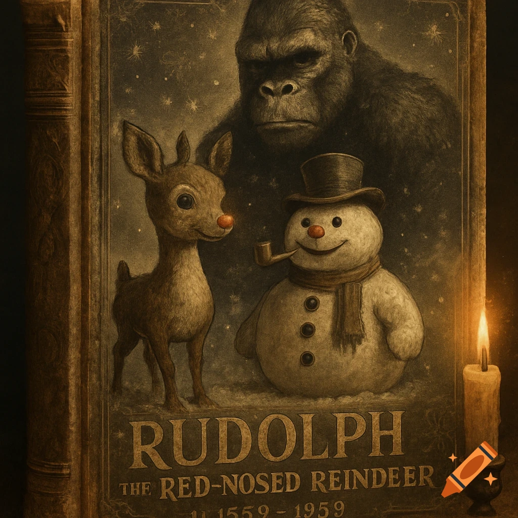 A vintage book cover features Rudolph the Red-Nosed Reindeer, Frosty the Snowman with a pipe, and a stern gorilla behind them, illuminated by a candle. The title reads 'RUDOLPH THE RED-NOSED REINDEER'.