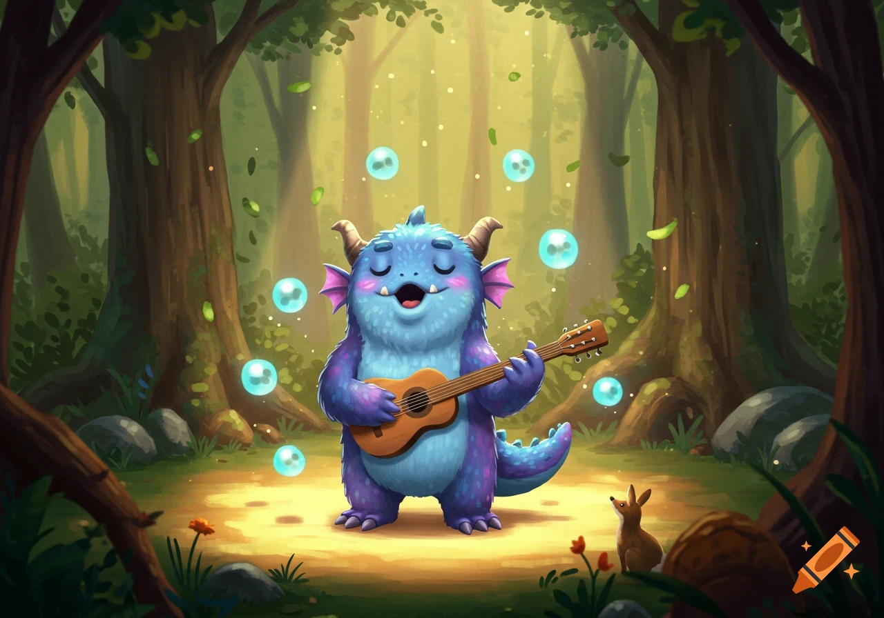 A cute blue and purple monster plays a guitar in an enchanted forest with floating bubbles, a small rabbit watches.