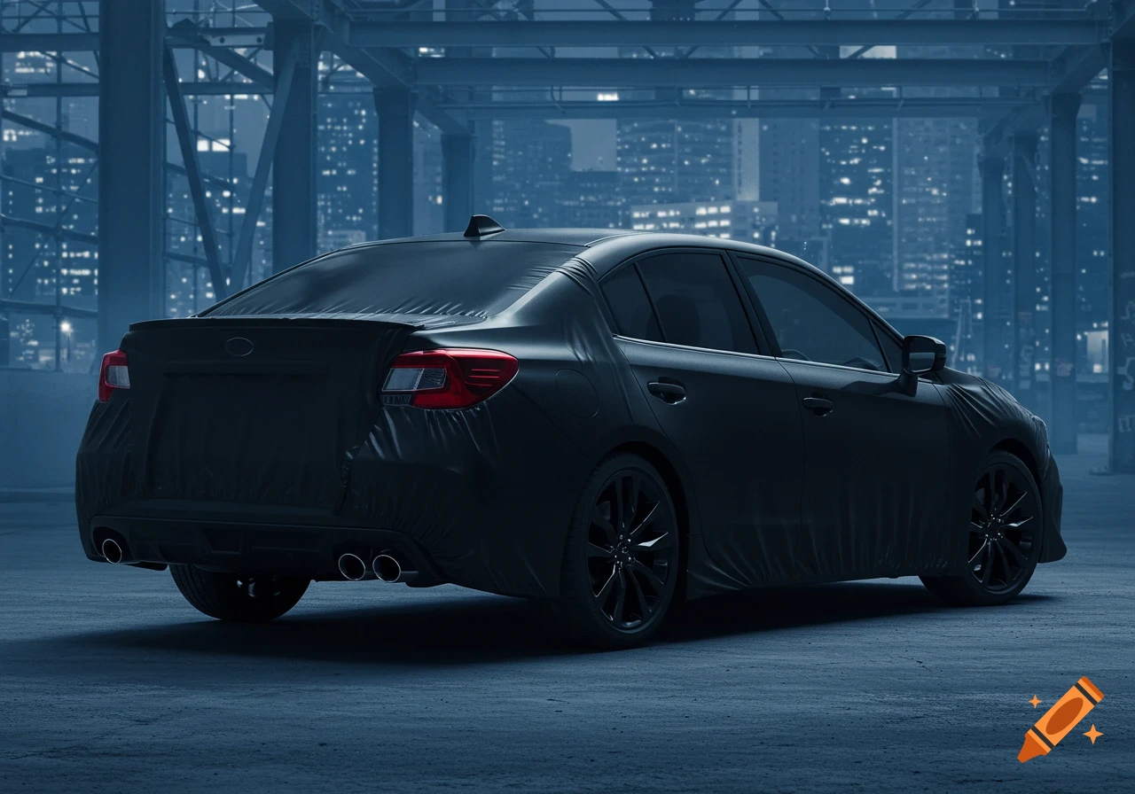 A dark sedan, mostly covered in a black tarp like a test mule, is parked at night with city lights in the background.