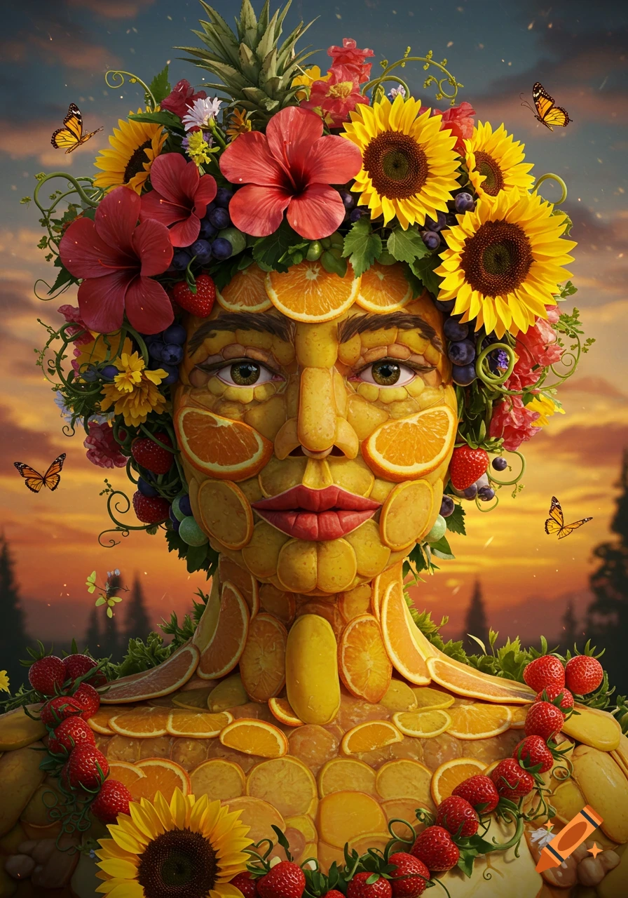 Surreal portrait of a person made of fruit slices and berries, wearing a crown of flowers and a pineapple against a sunset.