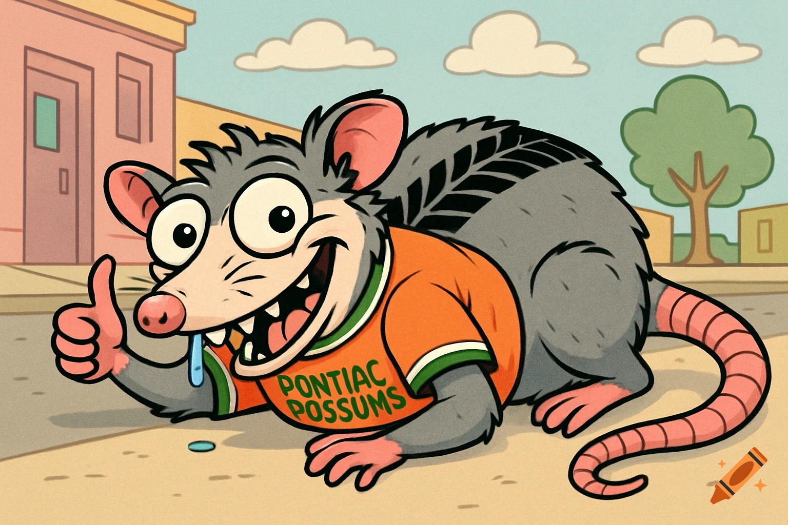 Cartoon possum in orange 'Pontiac Possums' jersey, giving a thumbs up, with bugged eyes, drooling, and a tire track on its back.