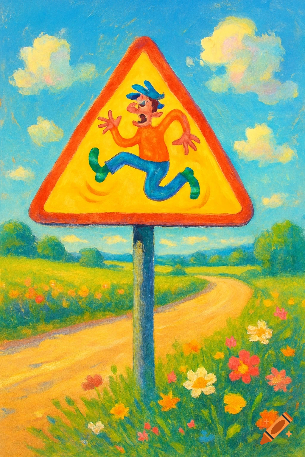 Vibrant painting of a triangular road sign featuring a frantic cartoon person, set on a country road with fields and wildflowers under a blue sky.