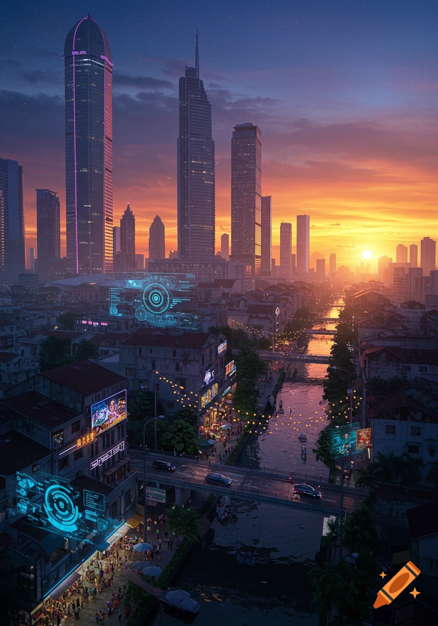 A futuristic city at sunset, with tall skyscrapers, a river, and bustling streets lit by neon and holographic signs.