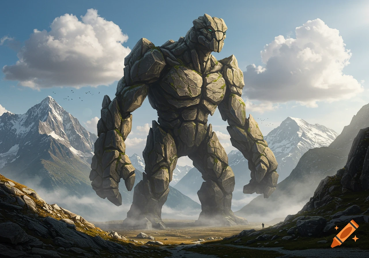 A colossal, moss-covered rock monster stands in a vast, photorealistic mountainous valley with a tiny human figure.