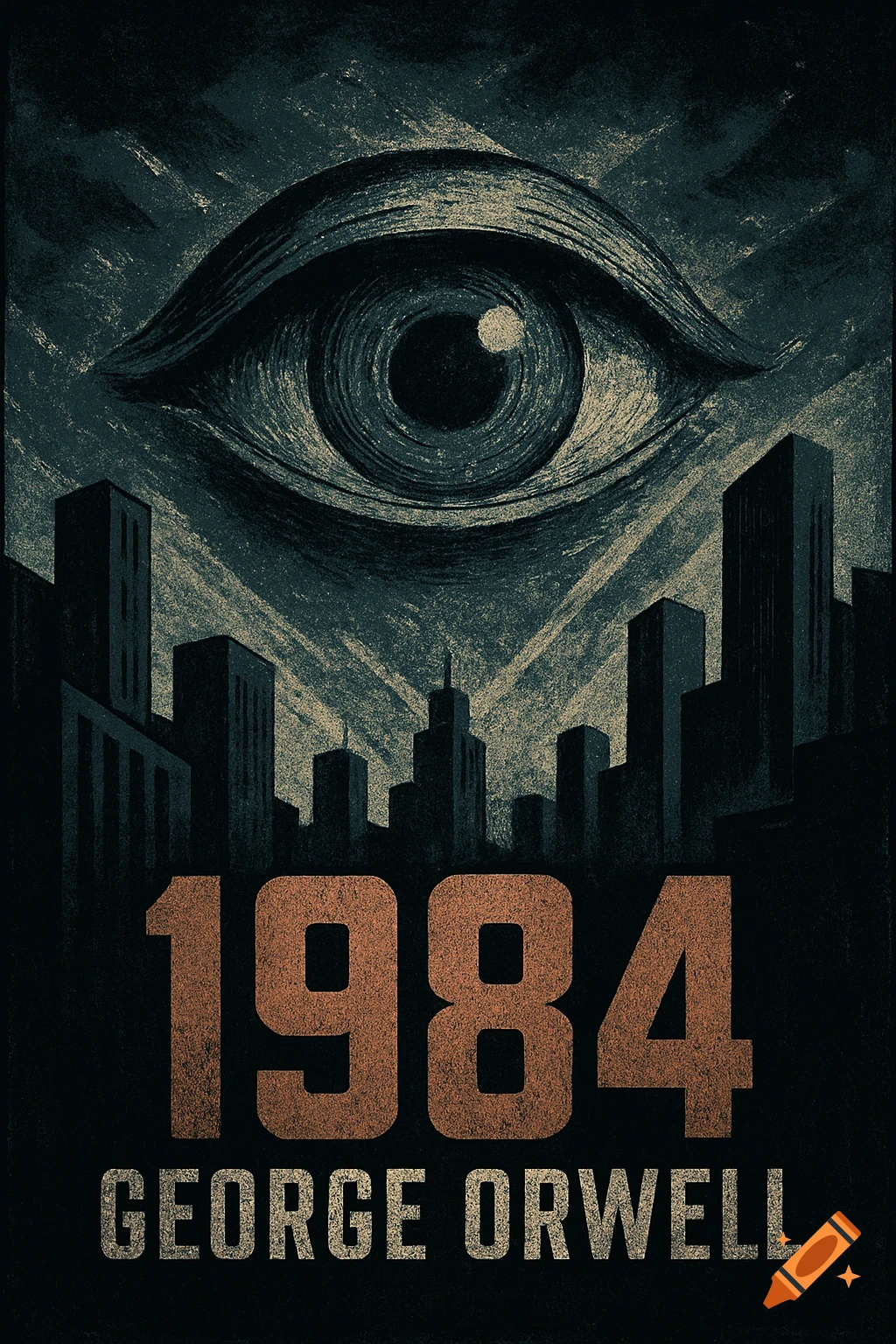 Stylized, dark illustration for 1984 by George Orwell, featuring a large eye over a city skyline.