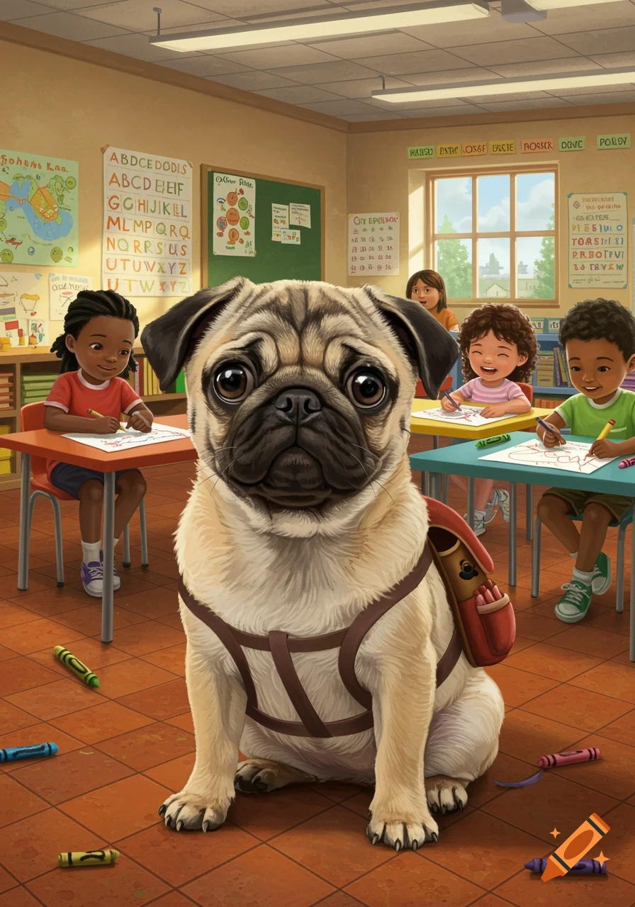 A cute pug wearing a backpack sits on the floor in a colorful classroom, surrounded by smiling children drawing at their desks in a cartoon-like style.