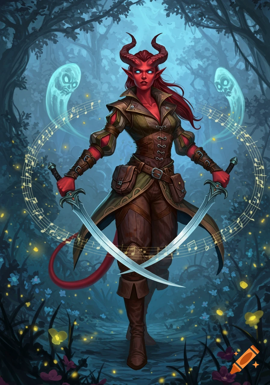 A female Tiefling bard with red skin and horns, duel-wielding swords in a magical forest with floating musical notes and ghosts.