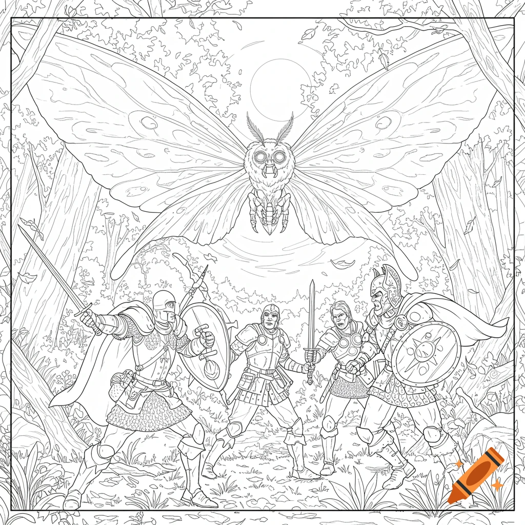 Detailed outline coloring page of a giant moth creature facing four armored knights in a forest.