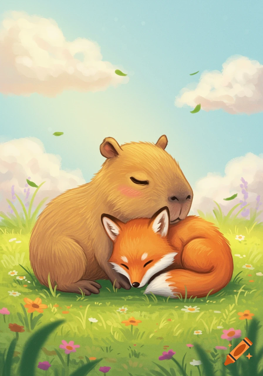 A cartoon capybara and red fox sleep cuddling in a grassy field with colorful flowers under a blue sky.