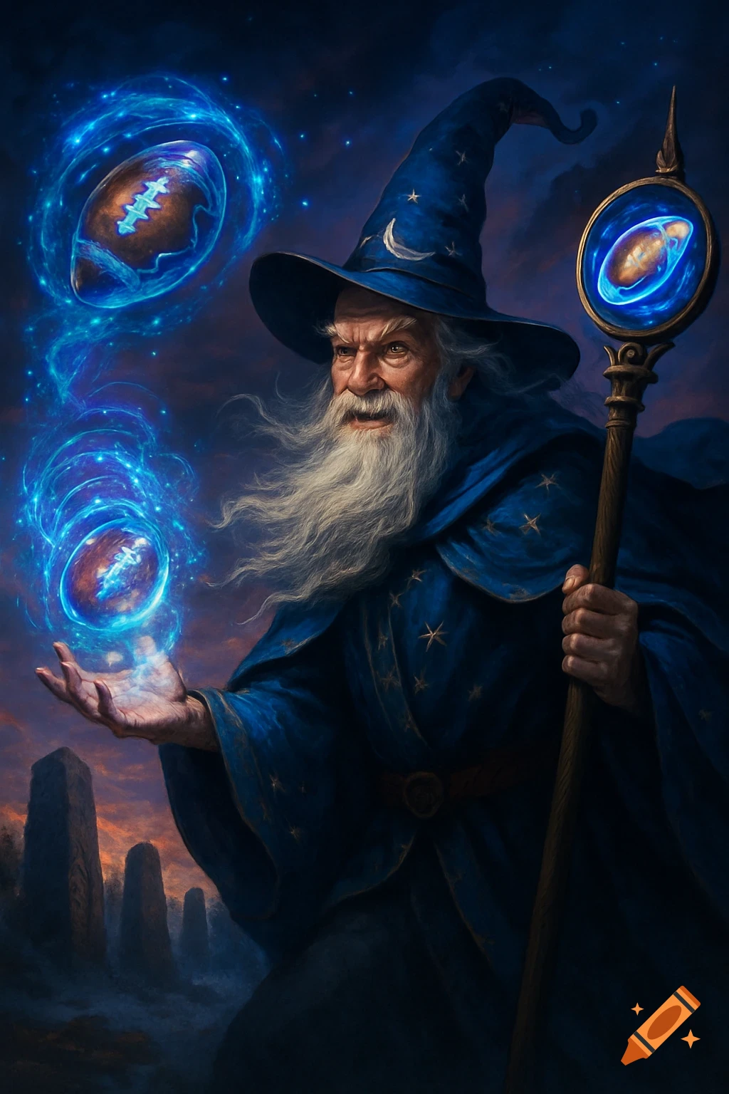 A powerful wizard in a blue robe and hat, with a long white beard, conjures glowing magical footballs with his hand and staff.