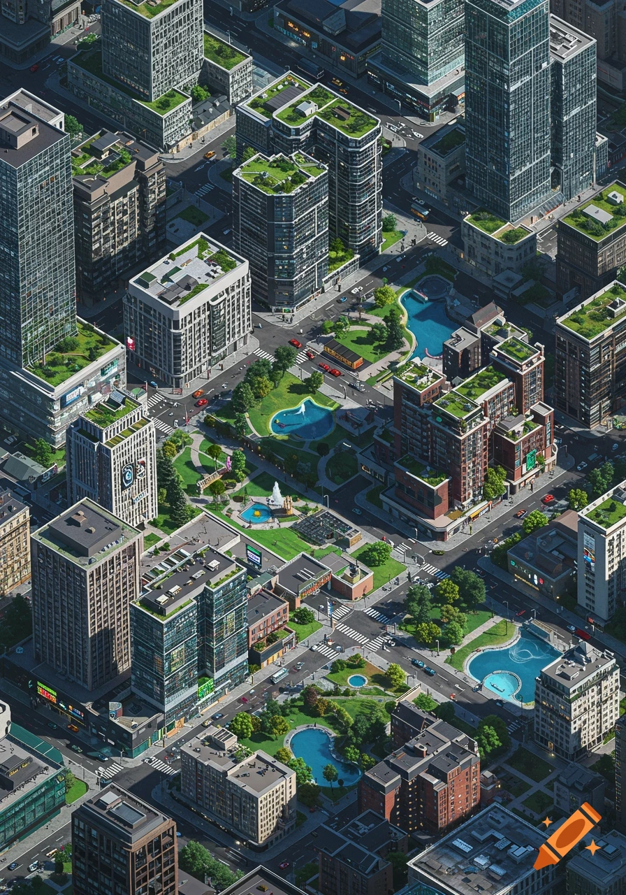 Isometric top-down view of a modern city with tall buildings, green spaces, parks with ponds, and roads with cars.