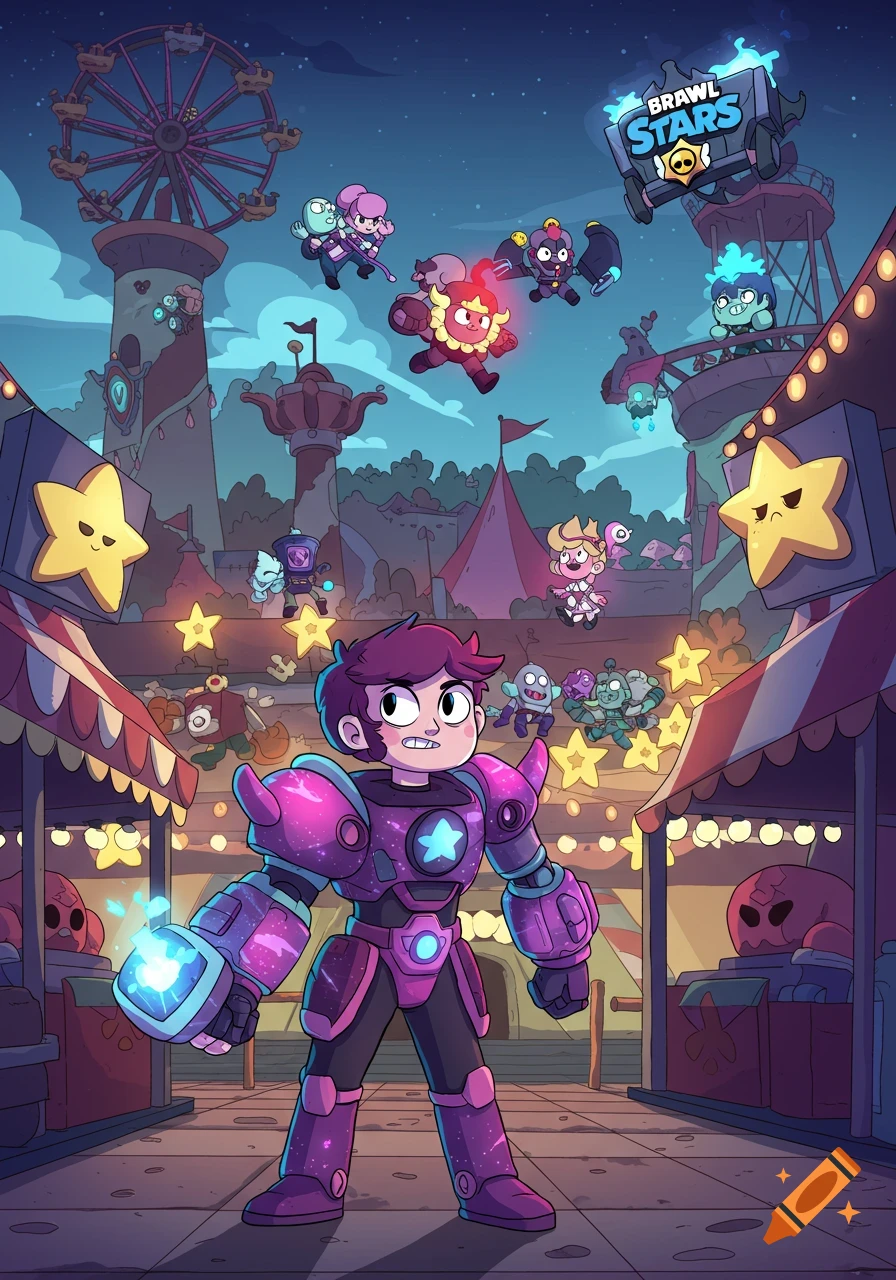 2D cartoon of a boy in purple armor at a night carnival, with animated characters flying and a Brawl Stars logo in the sky.