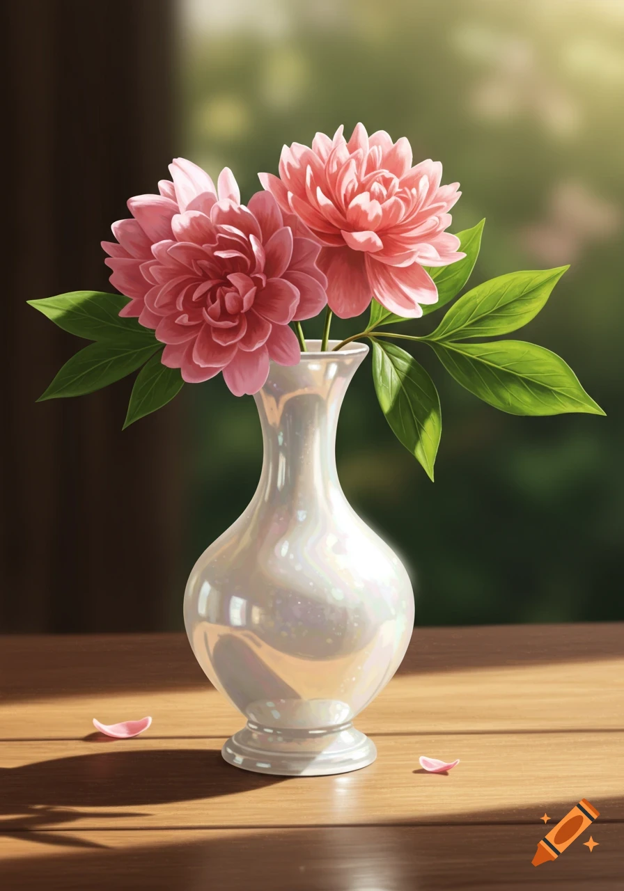 A white iridescent vase holds two large pink flowers and green leaves on a wooden table with soft sunlight.