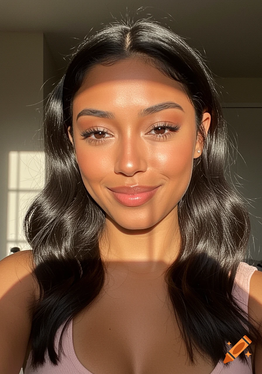 Close-up portrait of a smiling Hispanic woman with long dark wavy hair, illuminated by golden hour sunlight.